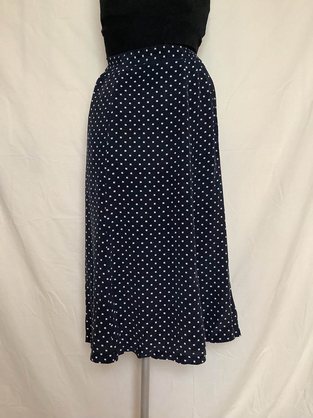 Evan-Picone Vintage Skirt-Blue w/ White Polka Dots-Stretch Waist-Silk-Pockets-6